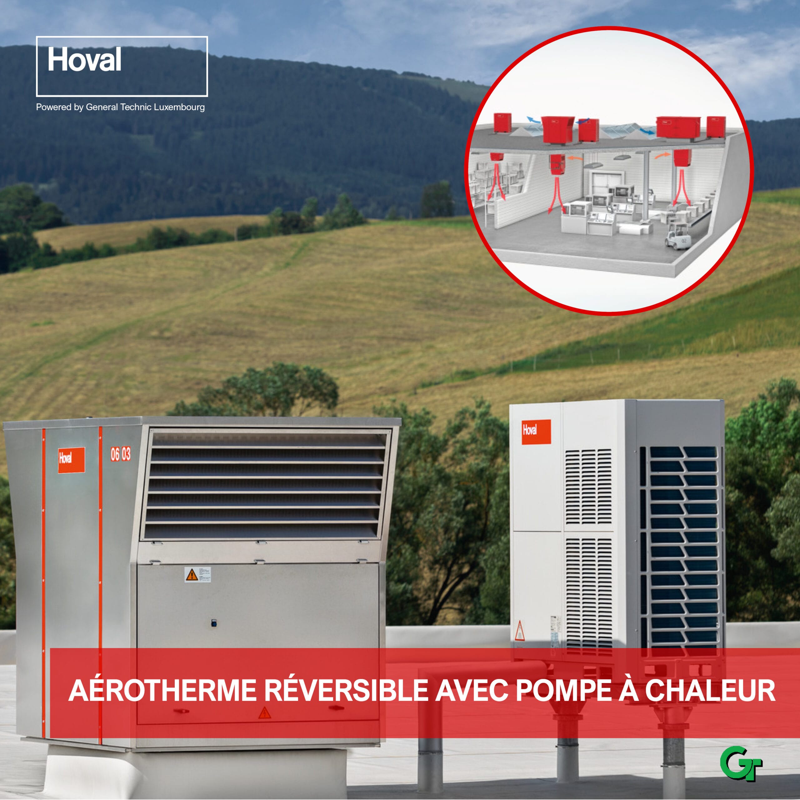 aerotherme Aerotherme avec pompe a chaleur intégree sur un toit d'un gymnase et grand hall dans la montagne - marque Hoval et General Technic